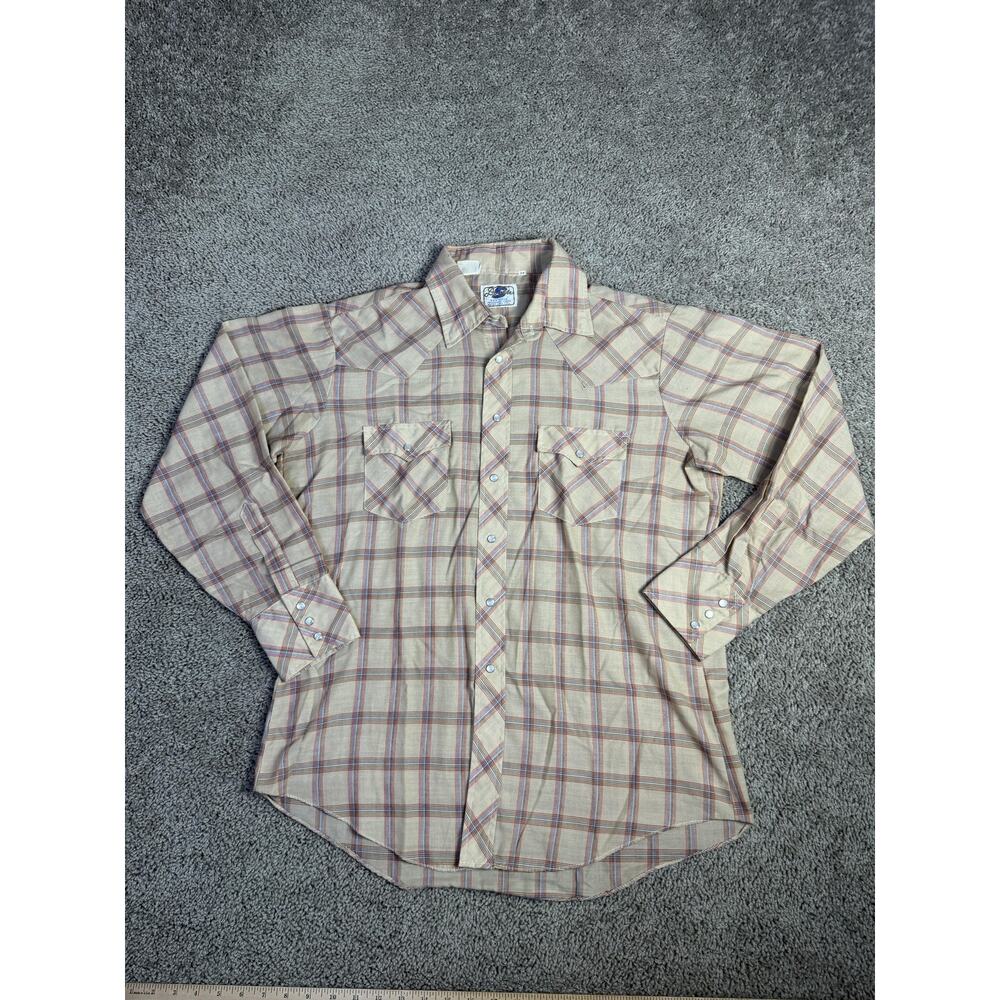 Vintage Double S Shirt Mens 34 Beige Plaid Pearl Snap Button Up Western 90s